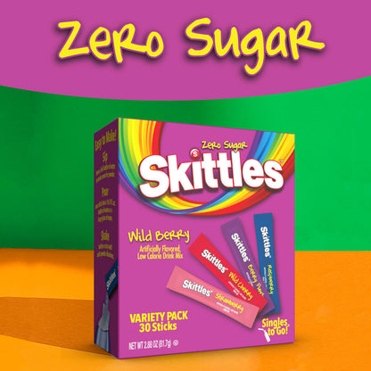 SINGLES TO GO! Skittles 30 Count Singles To Go Wild Berry Variety Pack, Powdered Drink Mix, Zero Sugar, Low Calorie, Includes 4 Flavors, Total Servings