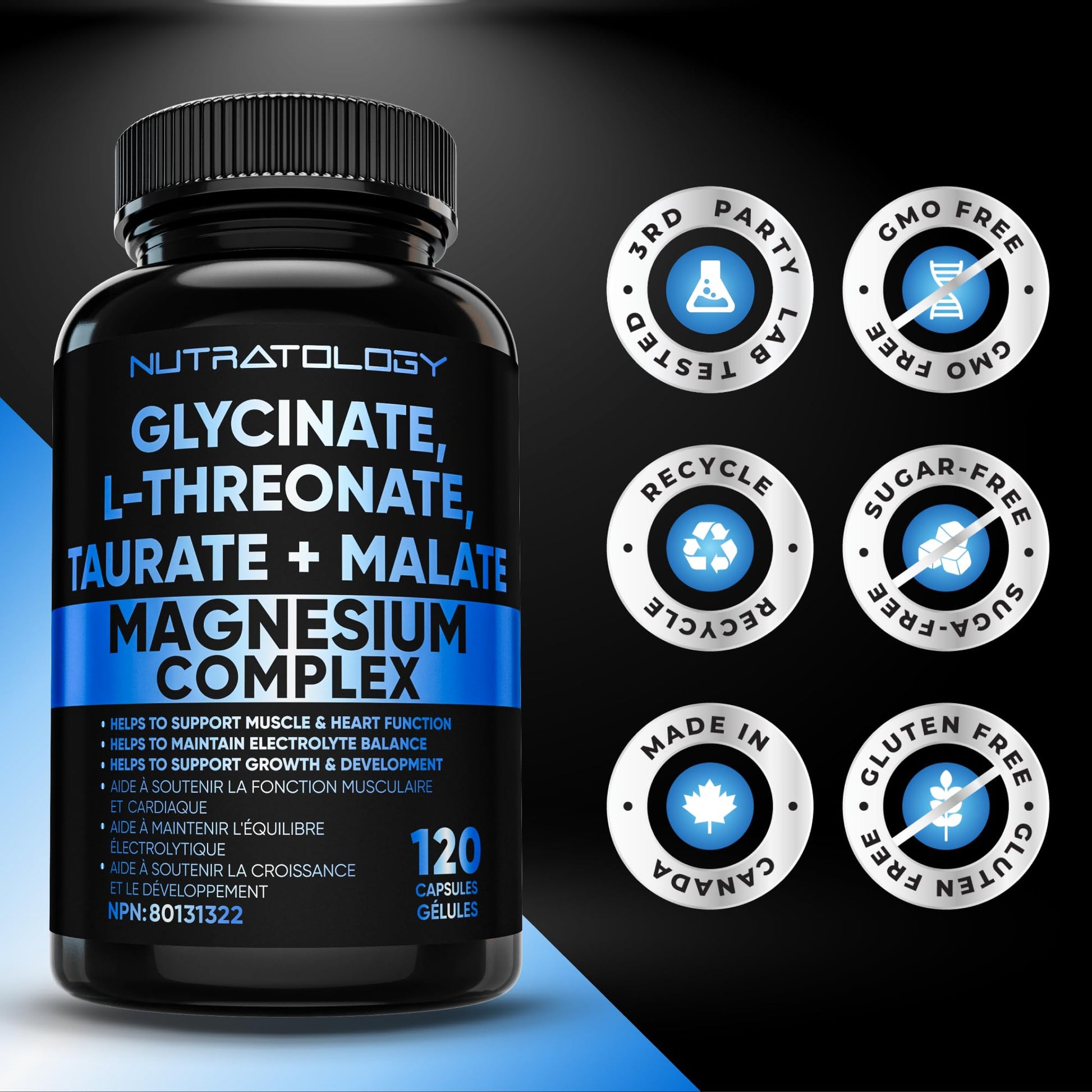 Nutratology Magnesium Complex - Glycinate, Malate, L-Threonate & Taurate With Vitamin B6 + Bioperine For Enhanced Absorption - Helps Support Healthy Bones, Muscles, Teeth & Heart - 100MG Elemental Magnesium Per Capsule - 120 Count - Available at All In One Marketplace Canada