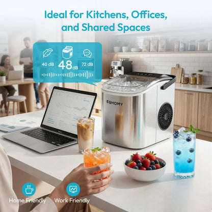 EUHOMY Countertop Ice Maker Machine with Handle, 26lbs Per Day, 9 Ice Cubes Ready in 6 Mins, Auto-Cleaning Portable Ice Maker with Basket and Scoop, for Home/Kitchen/Camping/RV (Silver)