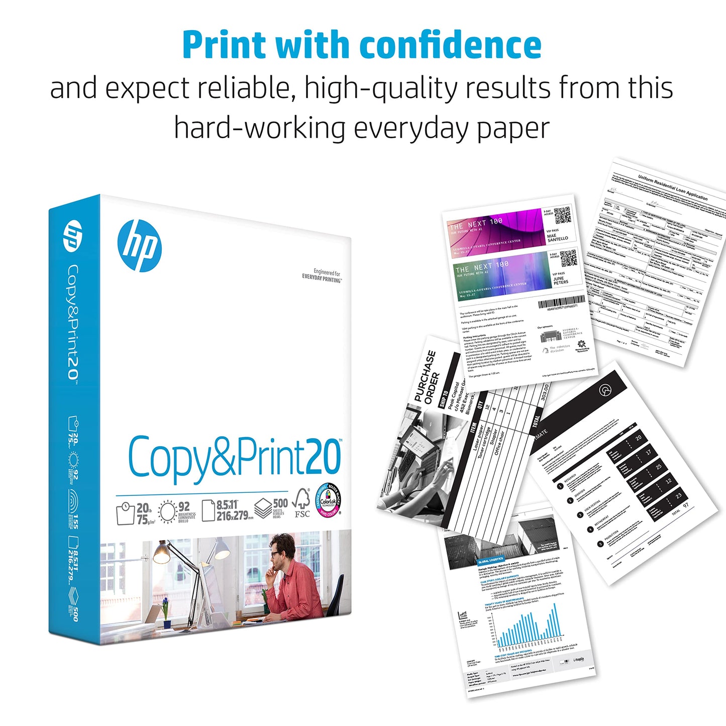 HP Printer Paper 8.5x11 Copy&Print 20 lb 5 Ream Case 2500 Sheets 92 Bright Made in USA FSC Certified Copy Paper HP Compatible 200350C