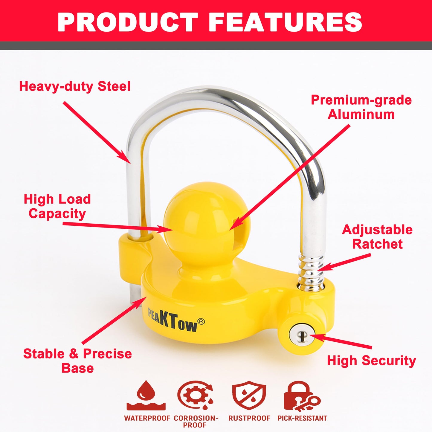 PEAKTOW PTS0002 Heavy Duty Universal Adjustable Coupler Lock Trailer Hitch Storage Security Lock Fits 1-7/8, 2, 2-5/16 Inches Couplers