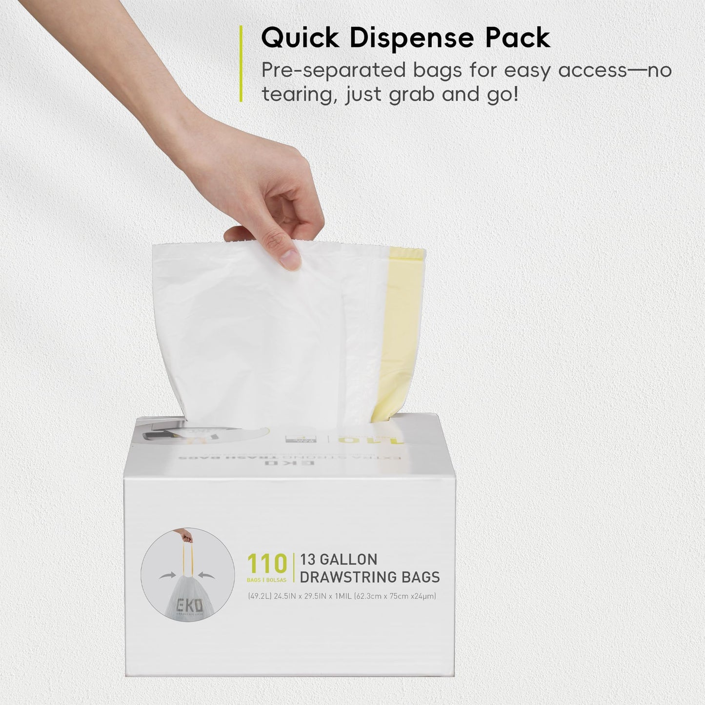 EKO 13 Gallon / 40-60 Liter Drawstring Trash Bags, Extra-Strong Unscented Garbage Bags, 60 Count Easy-Dispense Roll for Kitchen & Household Use, Leak-Resistant, Code F, White EKO