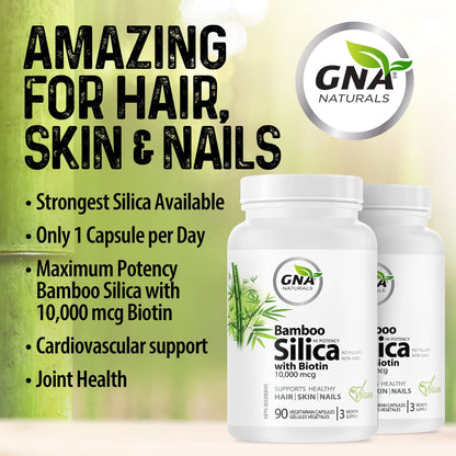 GNA Naturals - Bamboo Silica with Biotin 10,000mcg, 90 v-caps - A Supplement for Radiant Hair, Skin and Nails - Silica Supplement for Hair, Nail, Joint Care and Skin Vitality - Made in Canada - Available at All In One Marketplace Canada