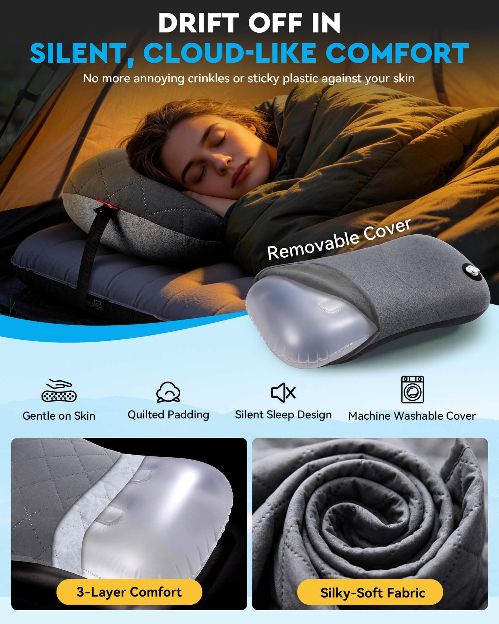 Hikenture Camping Pillow with Removable Cover-Ultralight Inflatable Pillow for Neck Lumber Support-Upgrade Backpacking Pillow-Washable Travel Air Pillows for Camping, Hiking, Backpacking (Grey)