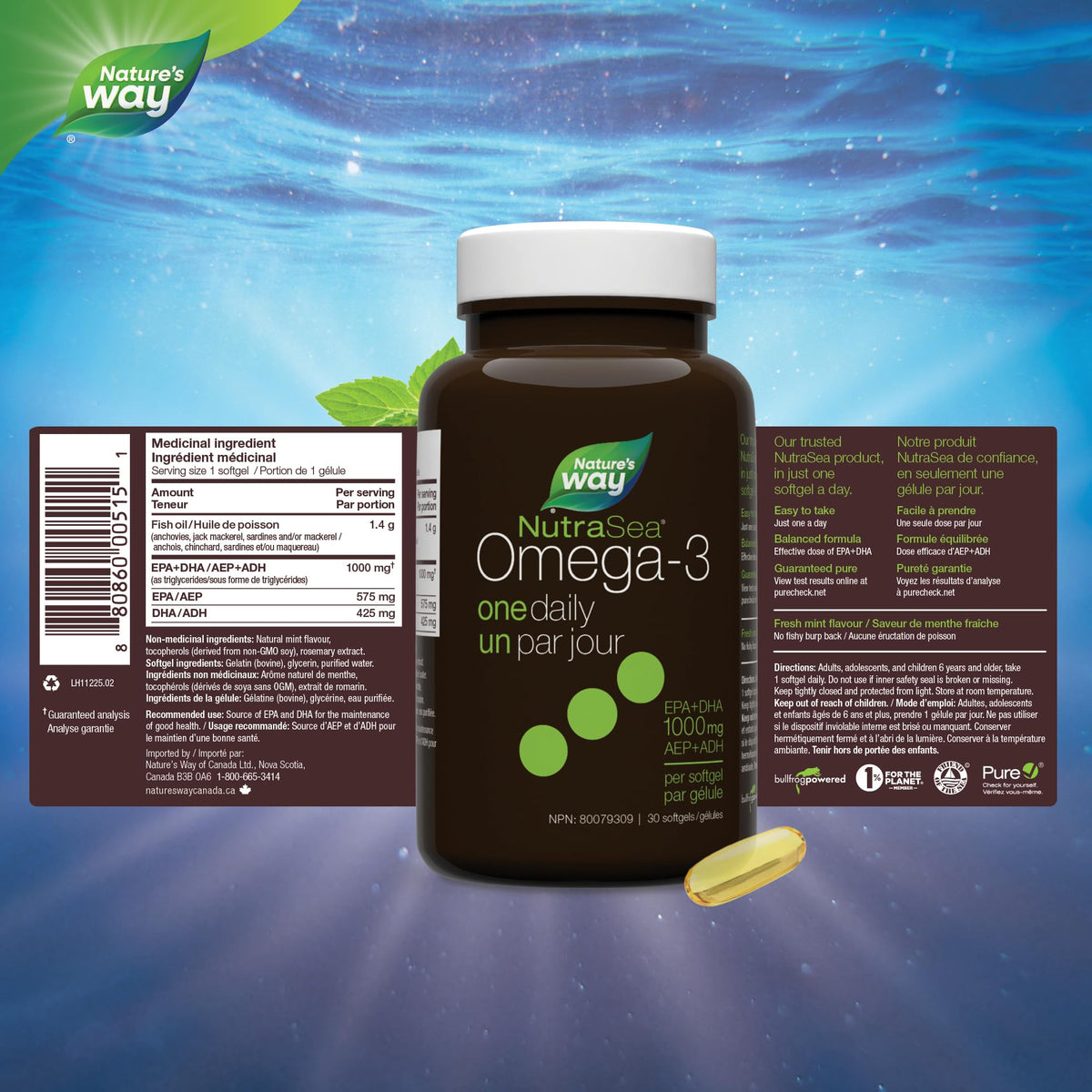 Nature's Way NutraSea One Daily Omega 3 High Potency Softgels Supplement with Fish Oil – Fresh Mint Flavour – Heart & Brain Support for Adults and Kids Ages 6+ – EPA & DHA, 30 Softgels