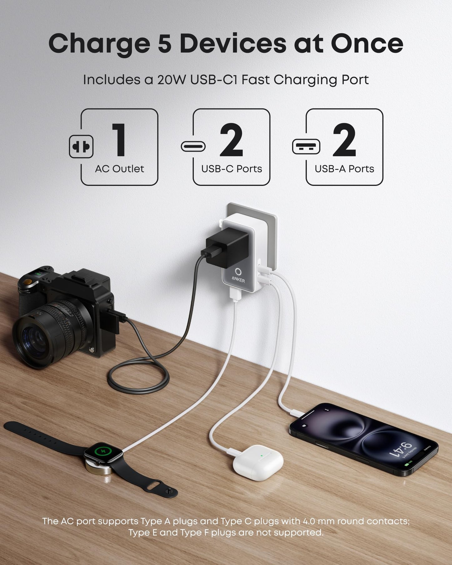 Anker Nano European Travel Plug Adapter, 5-Port Fordable Travel Adapter with 1AC 2USB-A 2USB-C Ports,Temperature Control, Essentials for Over 200 Countries, Ideal for Travel (1-Pack) (White) - Available at All In One Marketplace Canada