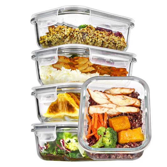 Vtopmart 5 Pack 22oz Glass Food Storage Containers with Lids, Meal Prep Containers, Airtight Lunch Bento Boxes with Snap Locking Lids for Microwave, Oven, Freezer and Dishwasher - Available at All In One Marketplace Canada