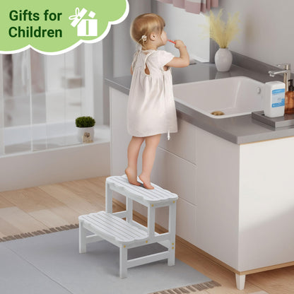 COSYLAND Bamboo Step Stool, Two Step Stools Toddler 300 lbs Capacity with Safety Non-Slip Pads, Bamboo Step Stool for Bathroom, Kitchen Dual Height Step Stools for Kids (White) 🍁 All In One Marketplace Canada