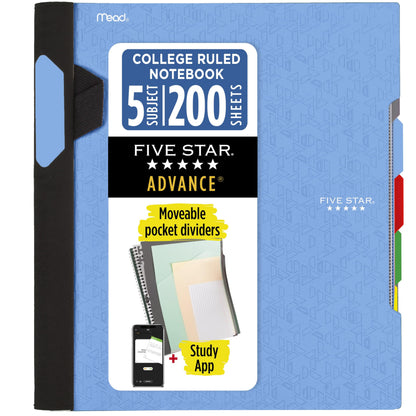 Five Star Advance Spiral Notebook-Standard Size, 5 Subject, College Ruled, 8.5 x 11 Inch Sheet Size, Blue (73150)