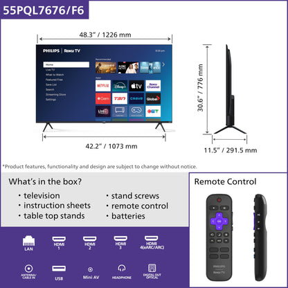 Philips 55PQL7676/F6 7600 Series 55-Inch 4K UHD QLED Roku TV