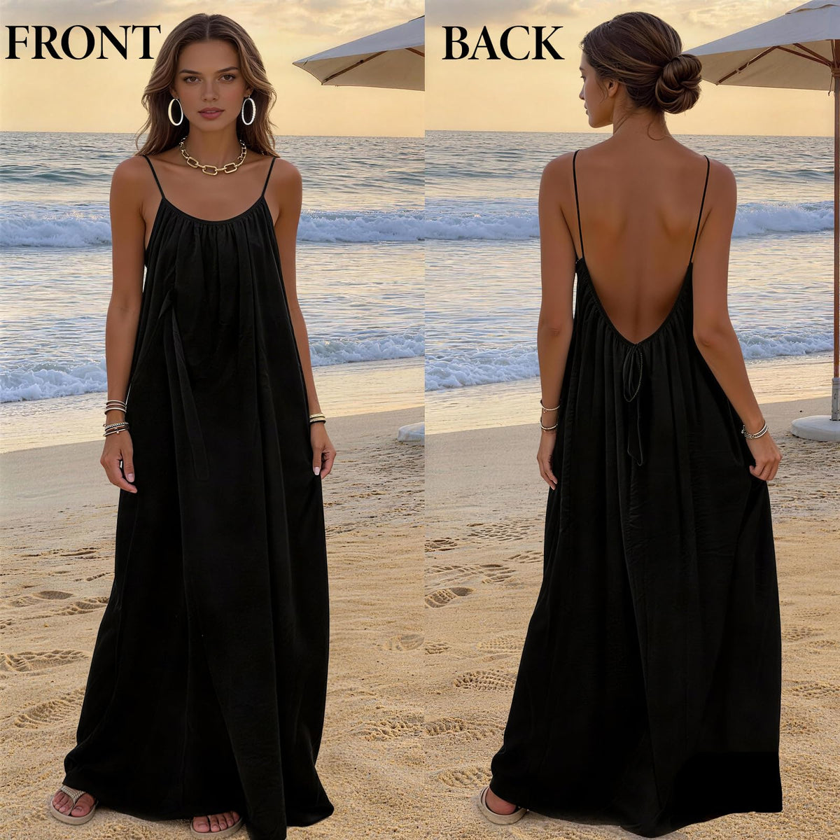 Tubeluck Backless Cami Dress for Women Summer Sleeveless Long Casual Sundress Lady Solid Color Open Back Lounge Dresses Holiday House (CA/US, Alpha, Medium, Regular, Regular, Black) 🍁 All In One Marketplace Canada