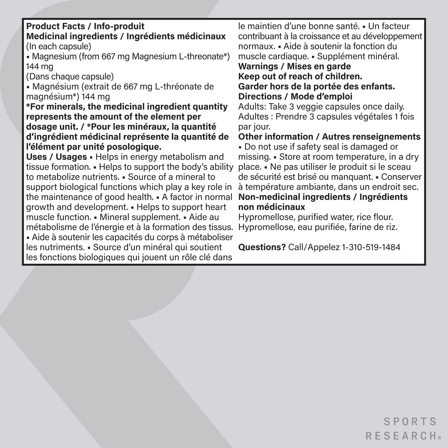 Sports Research® Magtein Magnesium L-Threonate Capsules - Magnesium Supplement for Memory, Focus & Cognition - 144mg Elemental Magnesium per Dose - Supports Sleep & Mood, 90 Capsules for Adults - Available at All In One Marketplace Canada