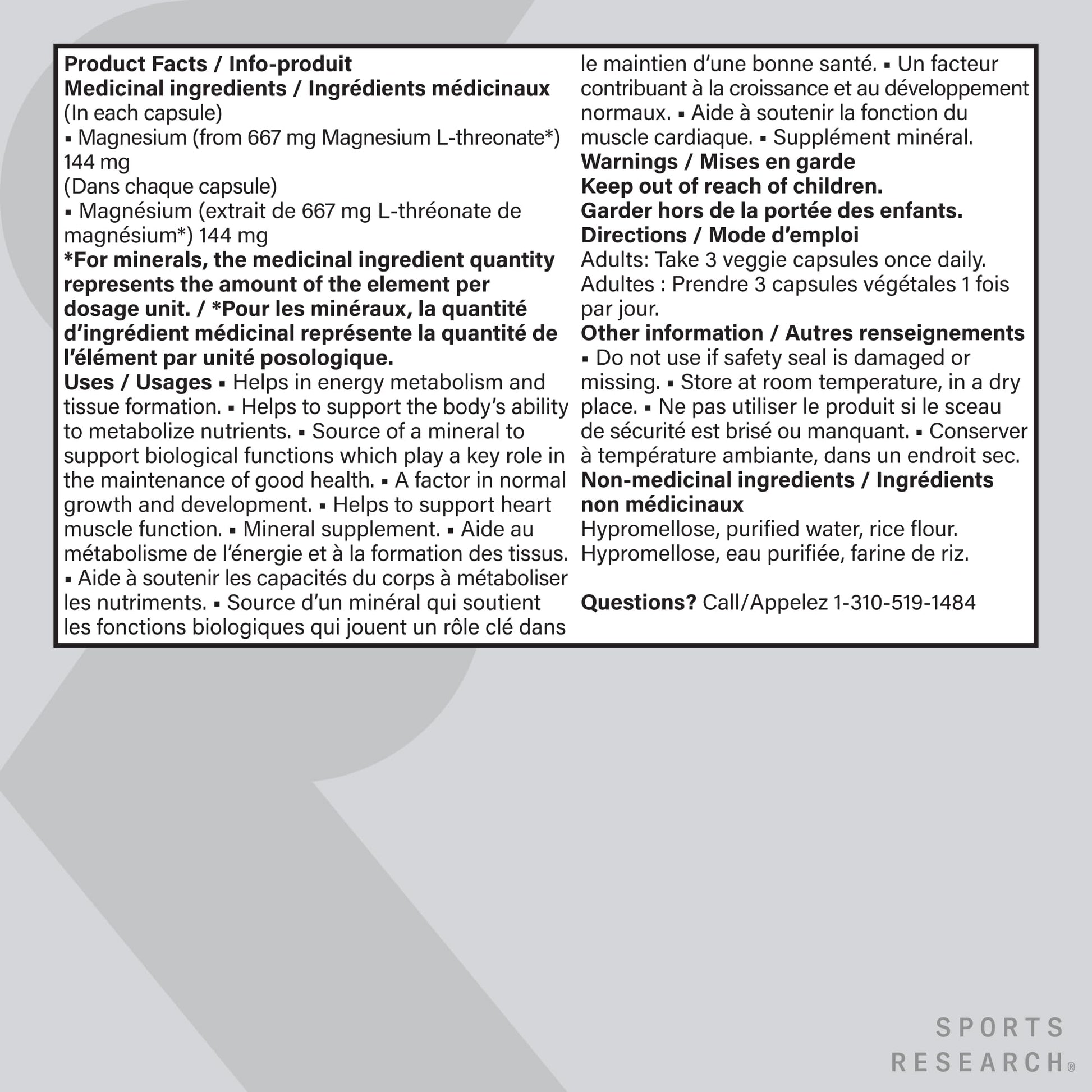 Sports Research® Magtein Magnesium L-Threonate Capsules - Magnesium Supplement for Memory, Focus & Cognition - 144mg Elemental Magnesium per Dose - Supports Sleep & Mood, 90 Capsules for Adults - Available at All In One Marketplace Canada