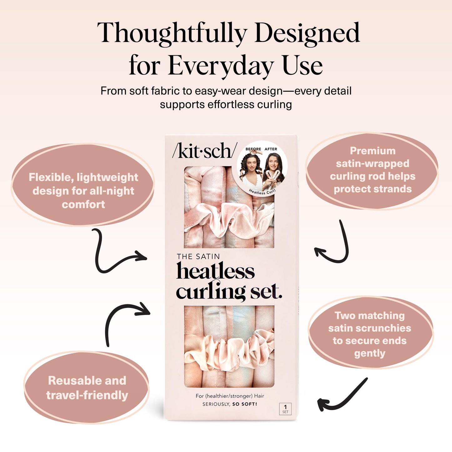 Kitsch Satin Heatless Curlers Set – Heatless Curls Overnight w/ 34" Hair Waver & 2 Satin Hair Scrunchies, Comfortable Hair Curlers to Sleep In for Frizz-Free, No Heat Damage Styling - Sunset Tie Dye