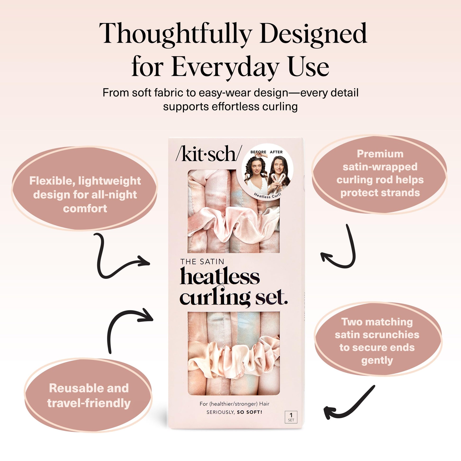 Kitsch Satin Heatless Curlers Set – Heatless Curls Overnight w/ 34" Hair Waver & 2 Satin Hair Scrunchies, Comfortable Hair Curlers to Sleep In for Frizz-Free, No Heat Damage Styling - Sunset Tie Dye