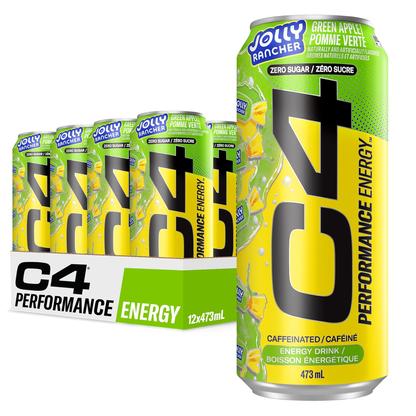 Cellucor C4 Performance Energy Drink, Jolly Rancher Green Apple, Carbonated Sugar Free Drink with no Artificial Colours or Dyes, 473mL, 12 count