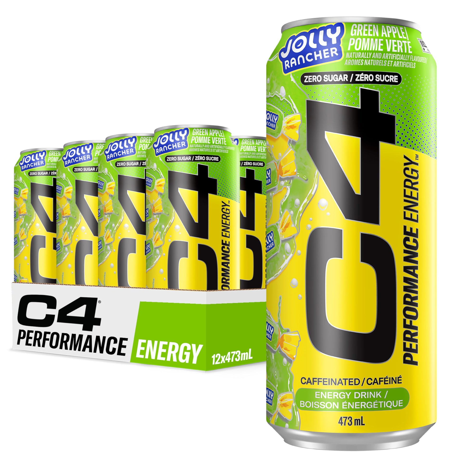 Cellucor C4 Performance Energy Drink, Jolly Rancher Green Apple, Carbonated Sugar Free Drink with no Artificial Colours or Dyes, 473mL, 12 count