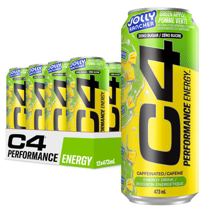 Cellucor C4 Performance Energy Drink, Jolly Rancher Green Apple, Carbonated Sugar Free Drink with no Artificial Colours or Dyes, 473mL, 12 count