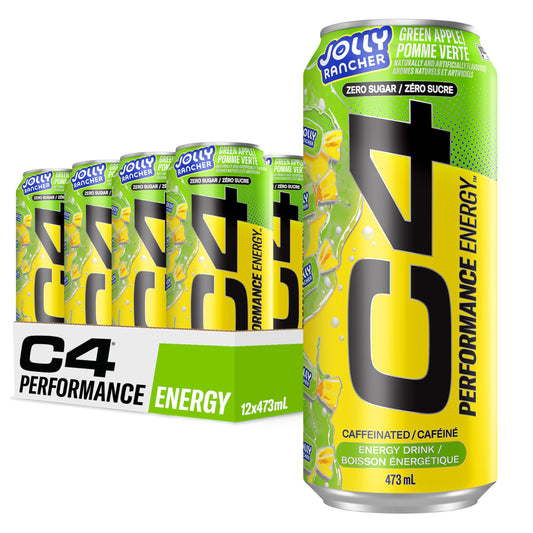 Cellucor C4 Performance Energy Drink, Jolly Rancher Green Apple, Carbonated Sugar Free Drink with no Artificial Colours or Dyes, 473mL, 12 count