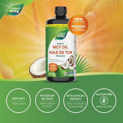 Nature's Way 100% Pure MCT Oil From Coconut – 14g MCT Per Serving – Paleo and Keto friendly – Certified Organic – Non-GMO Project Verified – Vegetarian, Gluten-free, & Flavourless – 887 mL, Value Size Nature's Way