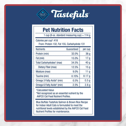 Blue Buffalo Tastefuls Salmon & Brown Rice Recipe Dry Indoor Cat Food for Adult Cats, Real Salmon First, Deliciously Healthy Natural Cat Food, Supports Digestive Care and Coat Health, 3.1kg Bag