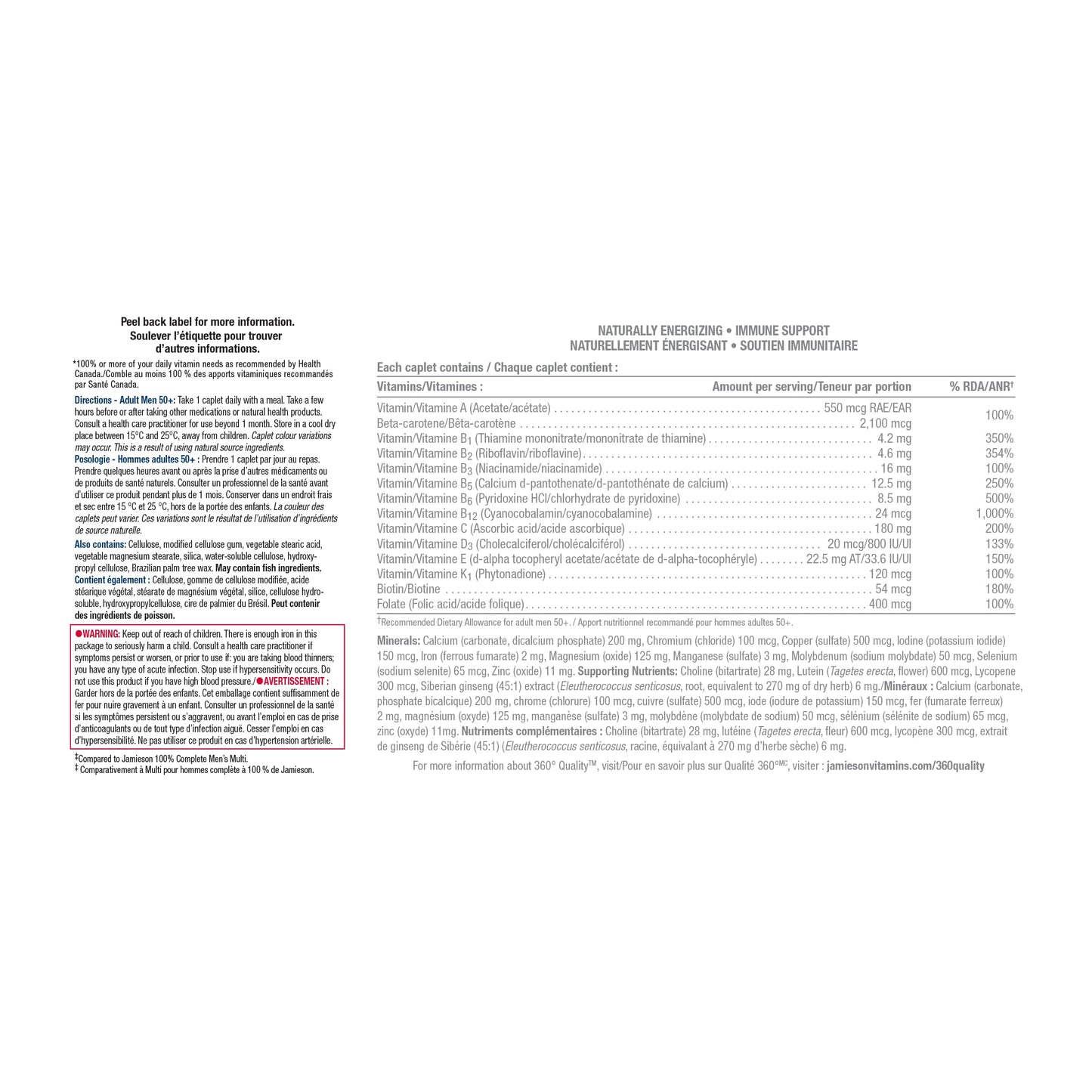 Jamieson 100% Complete Multivitamin For Men 50+, with Siberian Ginseng, Lutein, and More Magnesium. Supports Immunity, Energy, Overall Health, Eye Support, and Bone Health, Gluten-Free, One Per Day, 160 Caplets - Available at All In One Marketplace Canada