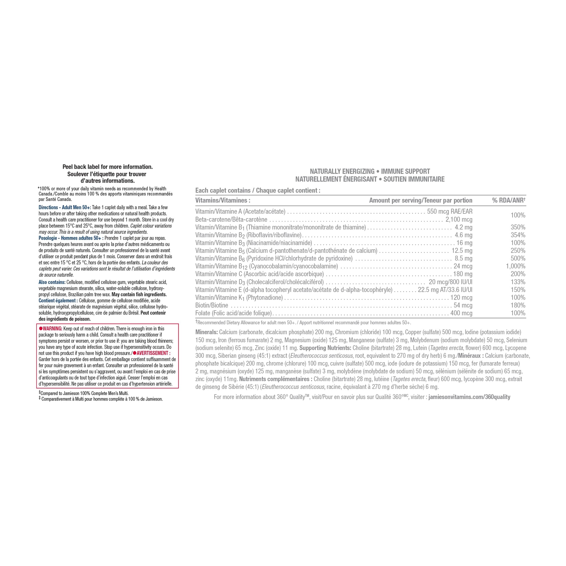 Jamieson 100% Complete Multivitamin For Men 50+, with Siberian Ginseng, Lutein, and More Magnesium. Supports Immunity, Energy, Overall Health, Eye Support, and Bone Health, Gluten-Free, One Per Day, 160 Caplets - Available at All In One Marketplace Canada