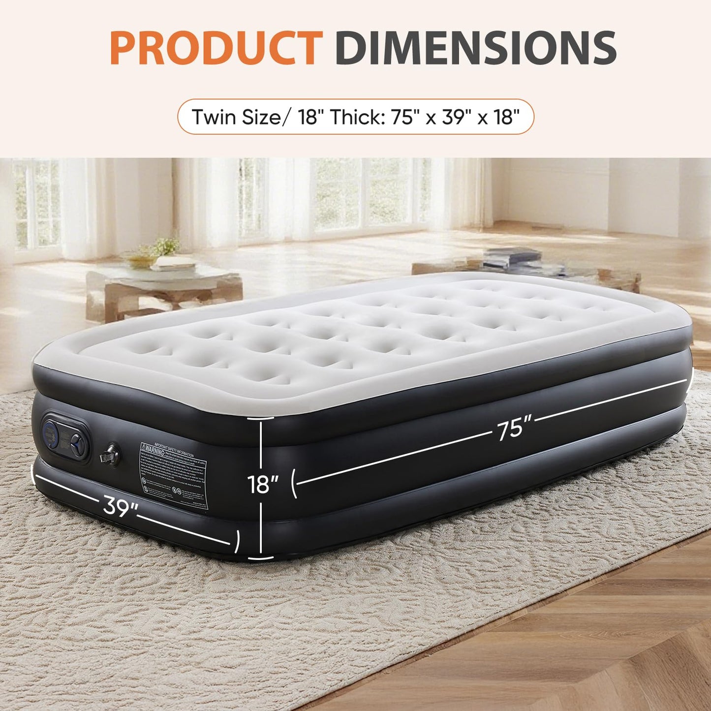 Sweetcrispy Twin Air Mattress, 18" Inflatable Blow Up Airbed with Built-in High Capacity Pump, Double Height, Non-Slip Bottom Design, Weight Capacity 660 lbs Air Bed for Home or Camping Sweetcrispy