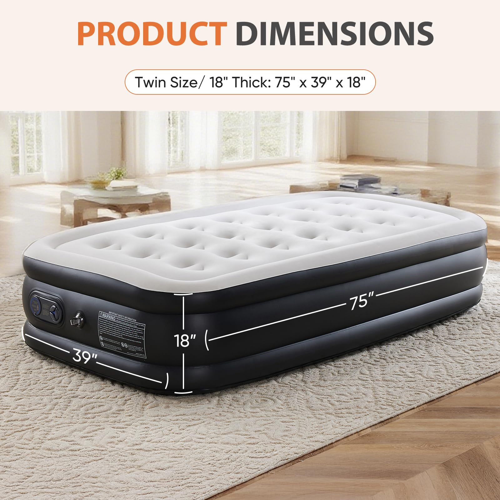 Sweetcrispy Twin Air Mattress, 18" Inflatable Blow Up Airbed with Built-in High Capacity Pump, Double Height, Non-Slip Bottom Design, Weight Capacity 660 lbs Air Bed for Home or Camping Sweetcrispy