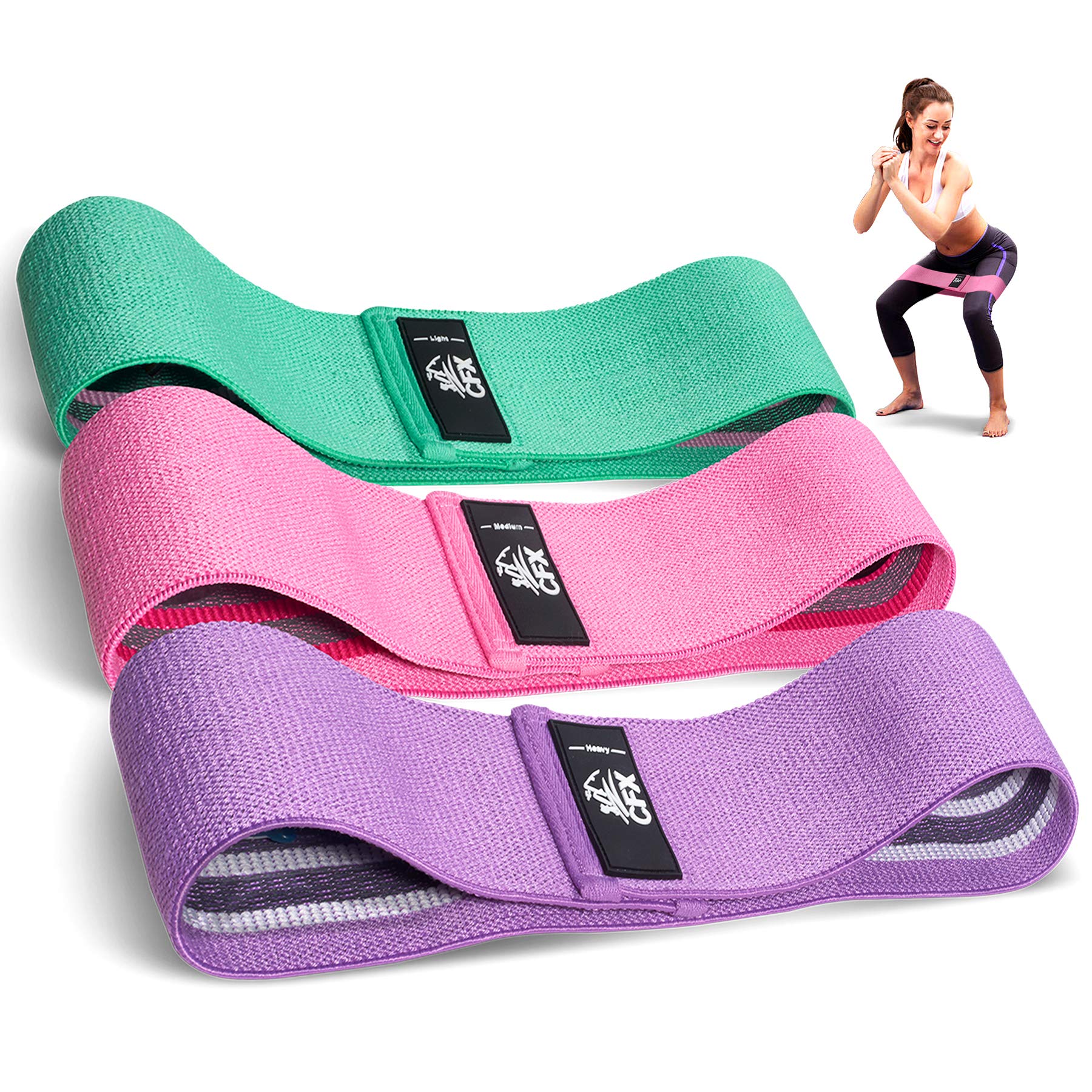 CFX Resistance Bands 3 Sets, Premium Exercise Loops with Non-Slip Design for Hips & Glutes, 3 Resistance Level Workout Booty Bands for Women and Men