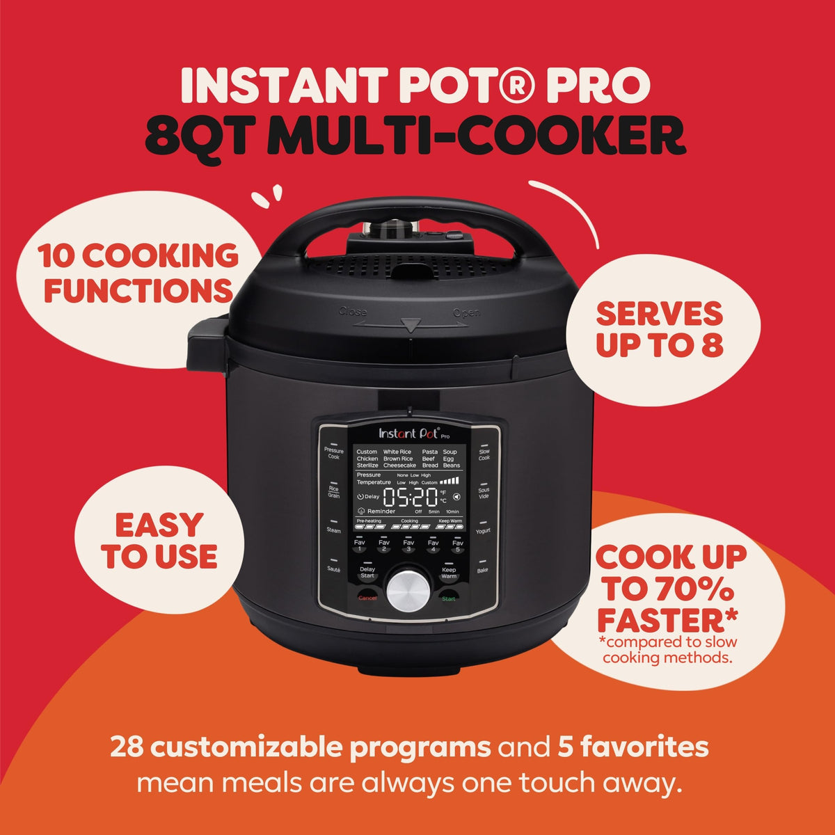 Autocuiseur 10-en-1 Instant Pot Pro (8 pintes) : autocuiseur, mijoteuse, cuiseur à riz/céréales, cuiseur vapeur, sauteuse, appareil de cuisson sous vide, yaourtière, stérilisateur et chauffe-plat, application incluse