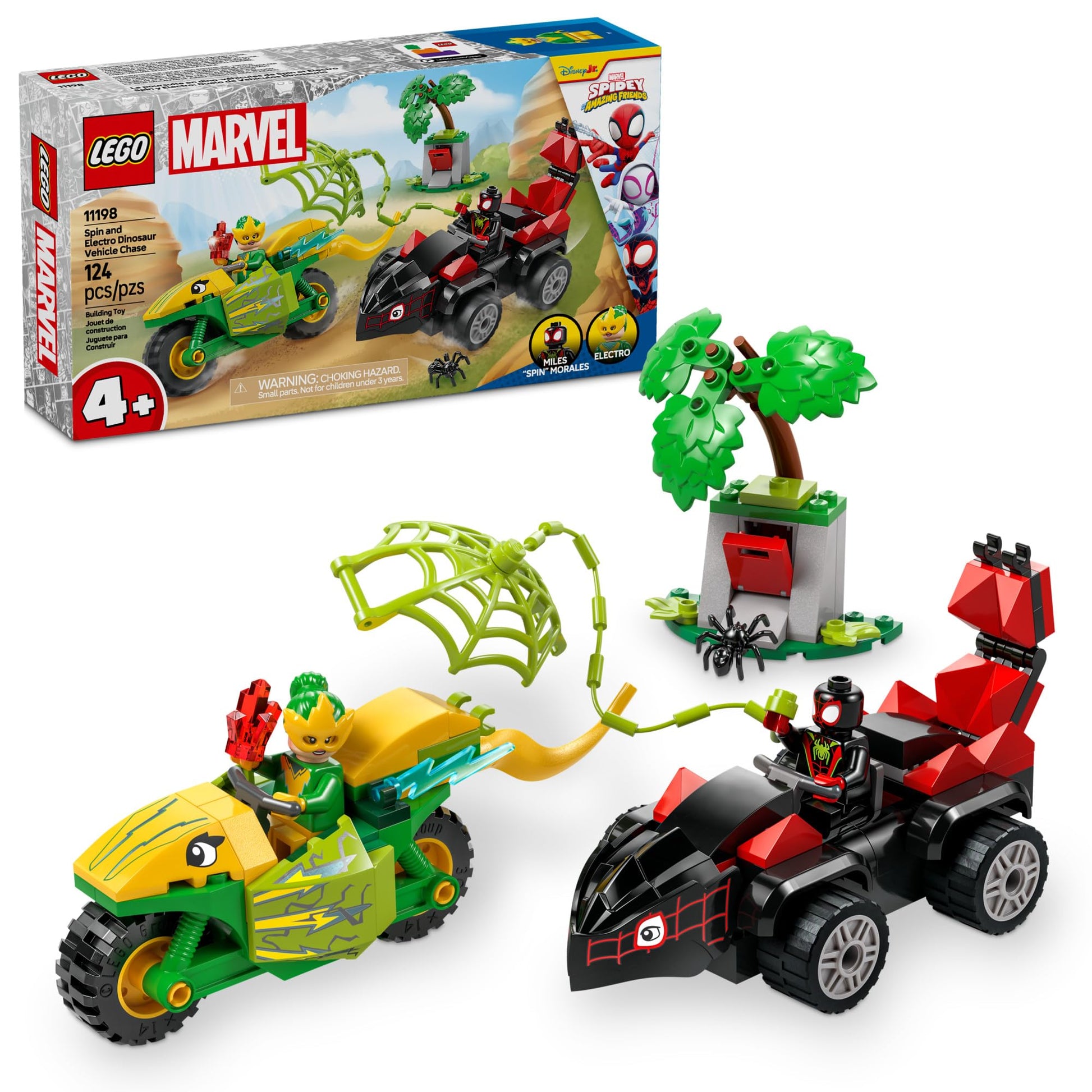 LEGO Marvel Spidey and His Amazing Friends Spin and Electro Dinosaur Vehicle Chase - Car and Motorcycle Preschool Building Toy for Kids, Boys and Girls, Ages 4+ - Gift Idea for Birthdays - 11198 LEGO