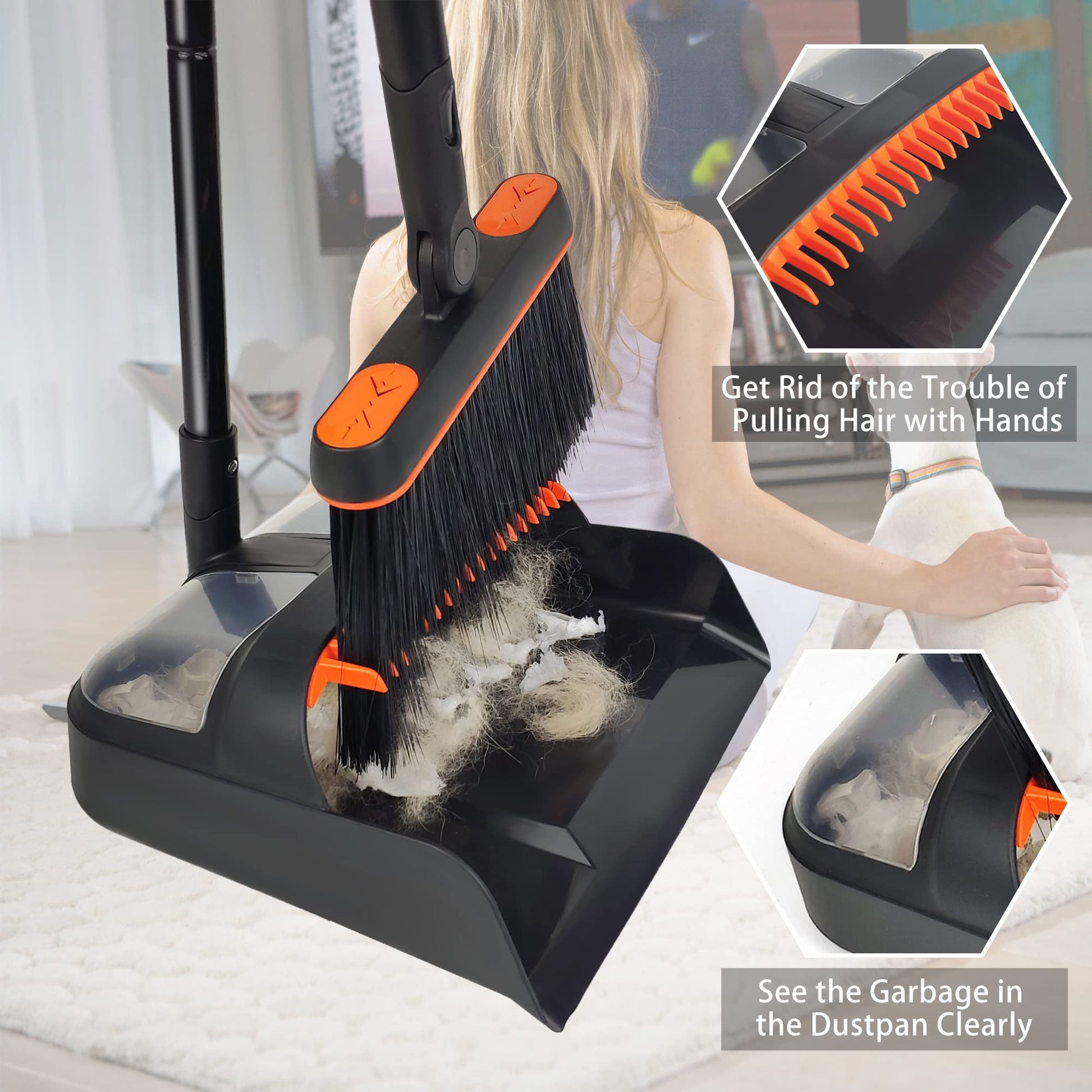 JEHONN Broom and Dustpan Set for Home, Long Handle Lightweight 180 Degree Rotating Broom Set Indoor, Upright Standing Dust Pan with Comb Teeth, Store Sweep Set for Room Kitchen Office Lobby - Available at All In One Marketplace Canada