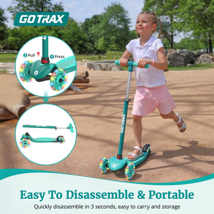 Gotrax KS1 Kids Kick Scooter, LED Lighted Wheels and 3 Adjustable Height Handlebars, Lean-to-Steer & Widen Anti-Slip Deck, 3 Wheel Scooter for Boys & Girls Ages 3+ and up to 100 Lbs (Green)