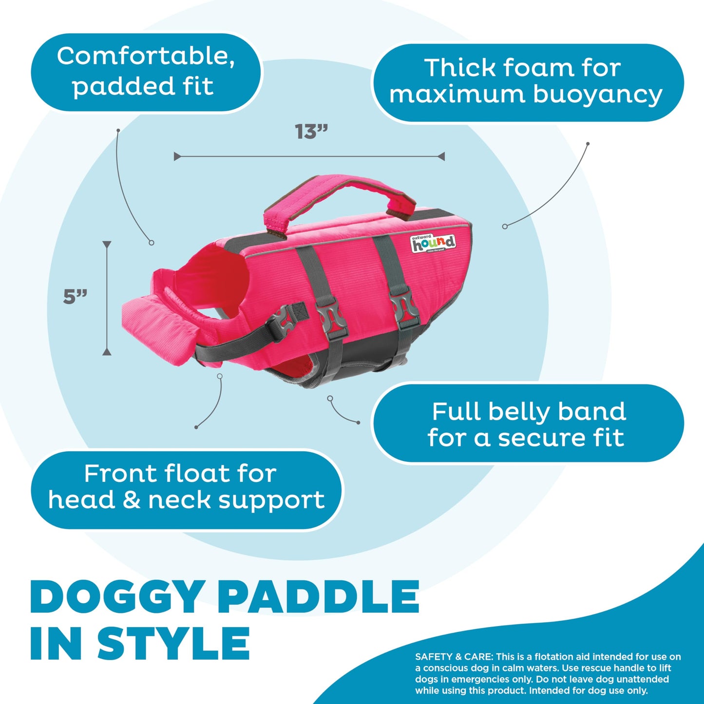 Outward Hound Granby Splash Dog Life Jacket with Handle, Reflective Floating Vest for Swimming & Boating, Maximum Buoyancy, All Skill Levels, Small Dogs & Puppies (16–20" Girth), Pink, Small