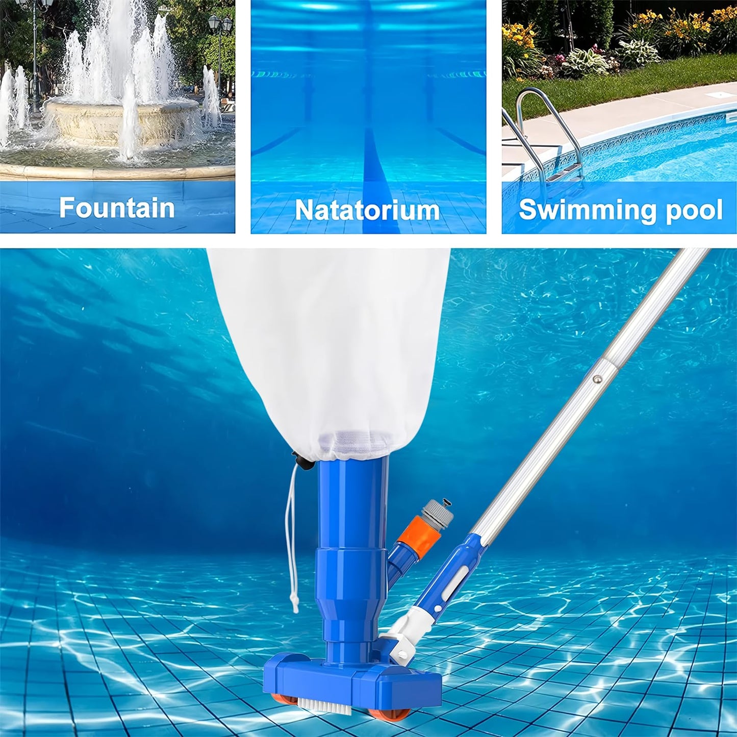 60" Portable Pool Vacuum Jet Underwater Cleaner and Leaf Skimmer Net (No Garden Hose Included), 4 Section Pole of Hand Held Portable Vacuum Pool Cleaner for Above Ground Pool Spa Pond Fountain Hot Tub
