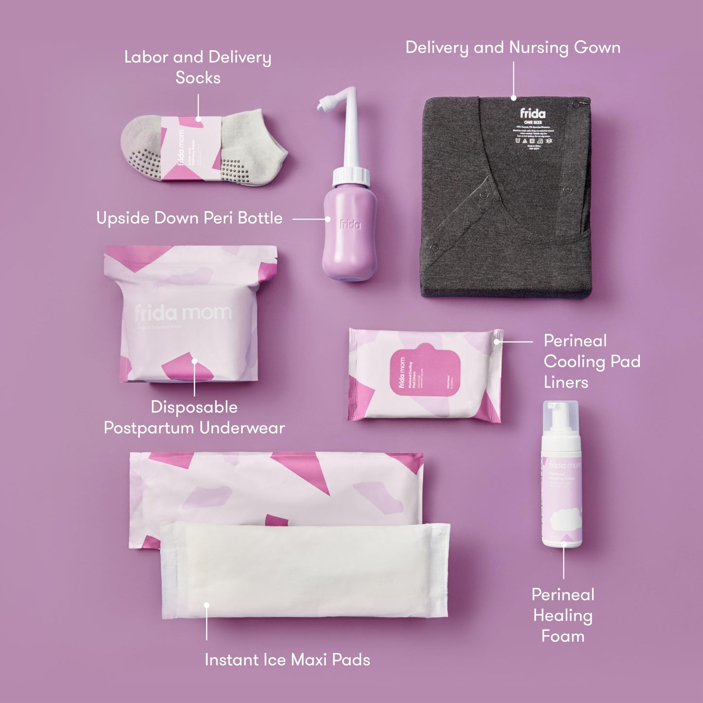 Frida Mom 15pc Labor, Delivery, & Postpartum Kit Gift Set for Baby Showers & Mom to Be, Includes Peri Bottle, Nursing Gown, Disposable Underwear, Ice Maxi Pads, Pad Liners, Perineal Foam, Socks & Toiletry Bag Frida