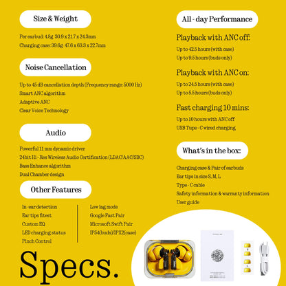 Nothing Ear (a) Wireless Earbuds, 45dB Hybrid Noise Cancelling Earbuds, Hi-Res Audio, Advanced Equaliser, Dual Connect, 6 Mics, 42.5H Playtime Ear Buds Wireless Bluetooth, Yellow