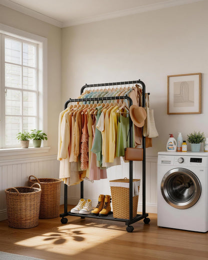Sakugi Double-Rod Metal Clothing Rack with Wheels, Black - Available at All In One Marketplace Canada