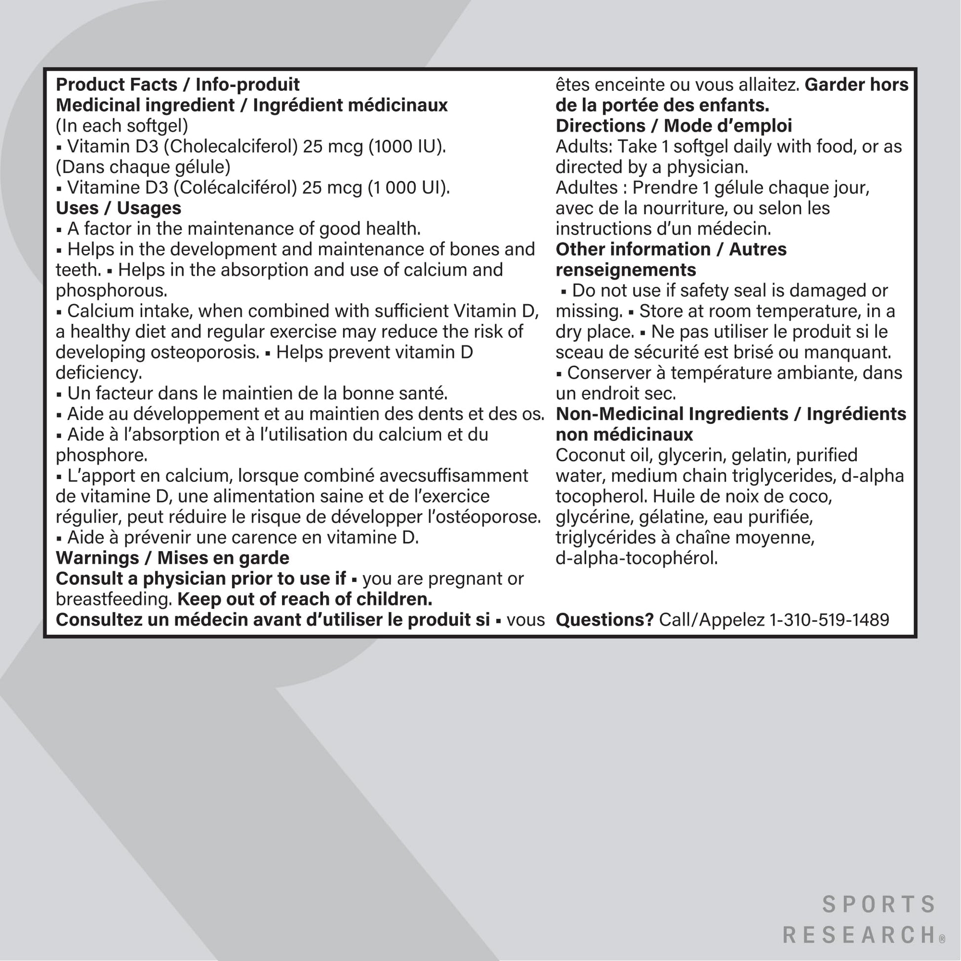 Sports Research® Vitamin D3 1,000 IU with Coconut Oil - Vitamin D for Strong Bones, Teeth, and Maintenance of Good Health - Non-GMO, Gluten & Soy Free - 360 Liquid Softgels