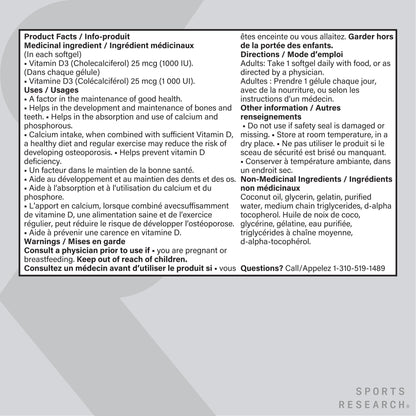 Sports Research® Vitamin D3 1,000 IU with Coconut Oil - Vitamin D for Strong Bones, Teeth, and Maintenance of Good Health - Non-GMO, Gluten & Soy Free - 360 Liquid Softgels