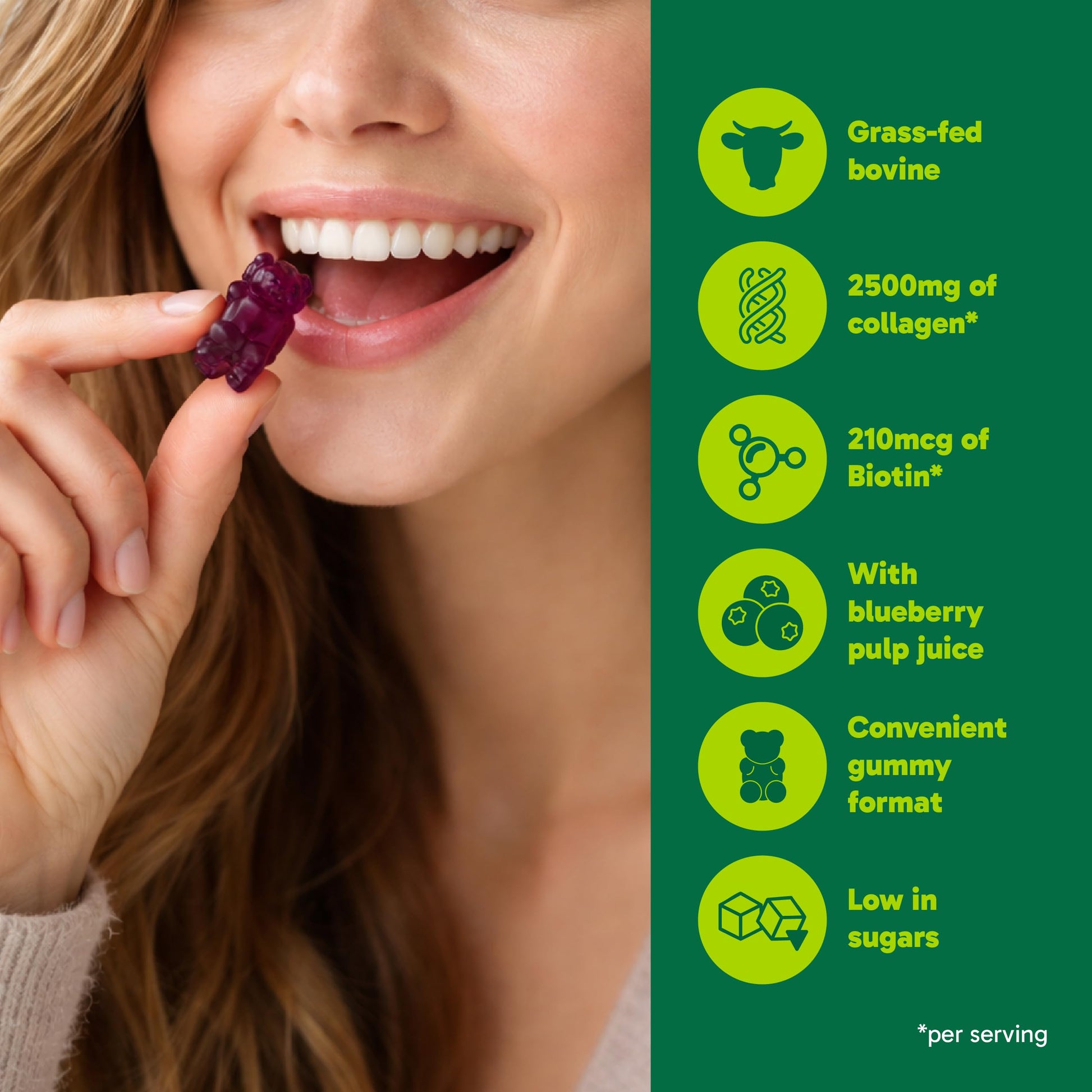 Organika Collagen Gummies with Biotin – 2500 mg Collagen Peptides Per Serving for Skin, Hair and Joint Health – Blueberry Bliss Flavour, Easy to Take – 90 Gummies - Available at All In One Marketplace Canada