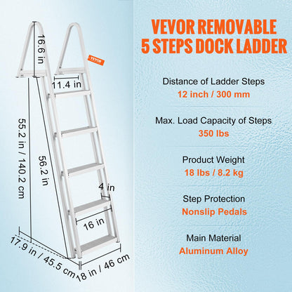VEVOR Dock Ladder, Removable 5 Steps, 350 lbs Load Capacity, Aluminum Alloy Pontoon Boat Ladder with 4'' Wide Step & Nonslip Mat, Easy to Install for Ship/Lake/Pool/Marine Boarding VEVOR