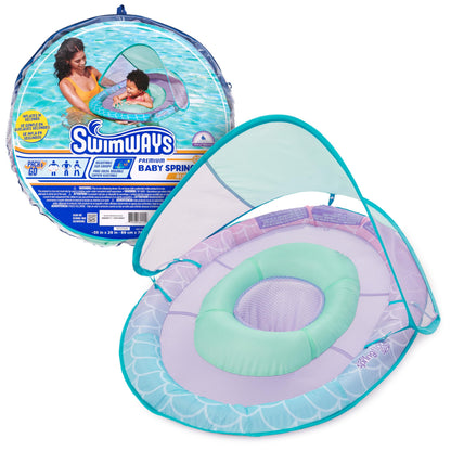 SwimWays Baby Spring Float, Baby Pool Float with Canopy, Swim Training PFD, Swimming Pool Accessories for Babies and Toddlers 9-24 Months, Mermaid