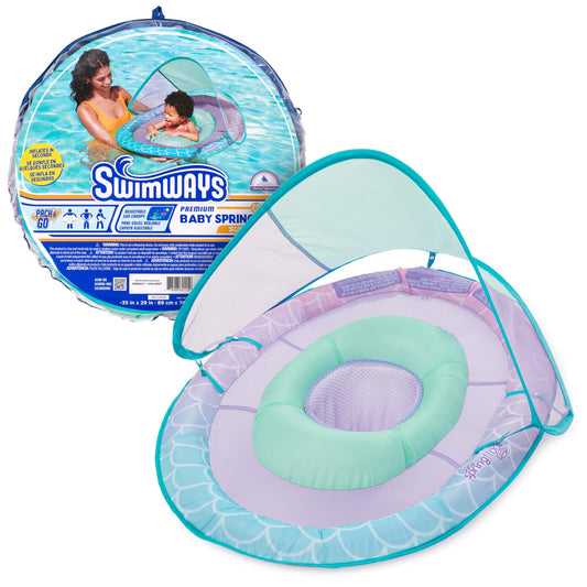 SwimWays Baby Spring Float, Baby Pool Float with Canopy, Swim Training PFD, Swimming Pool Accessories for Babies and Toddlers 9-24 Months, Mermaid