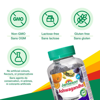 Jamieson Ashwagandha Gummy, 3000 mg, 90 Citrus Grape Gummies, Helps Increase Resistance to Stress and Improve Memory. Non-GMO, No Artificial Colours, Flavours, or Preservatives, 60 Gummies