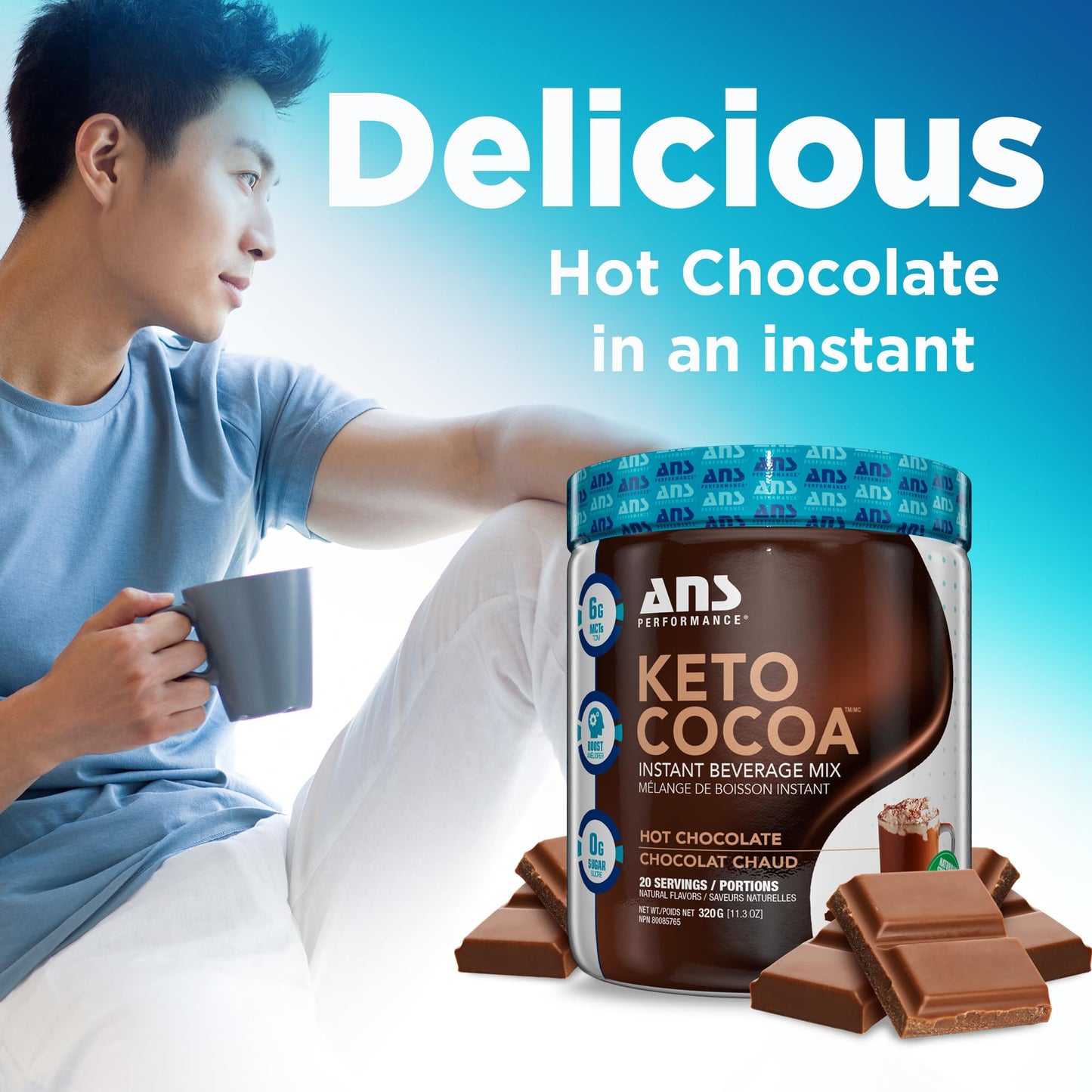 ANS Performance Keto Cocoa - Natural Sweetener Instant Hot Chocolate Mix - Low Carb, No Added Sugar - Gluten Free Keto Cocoa Powder - MCT Oil Blend - 20 Servings, 11.3 oz