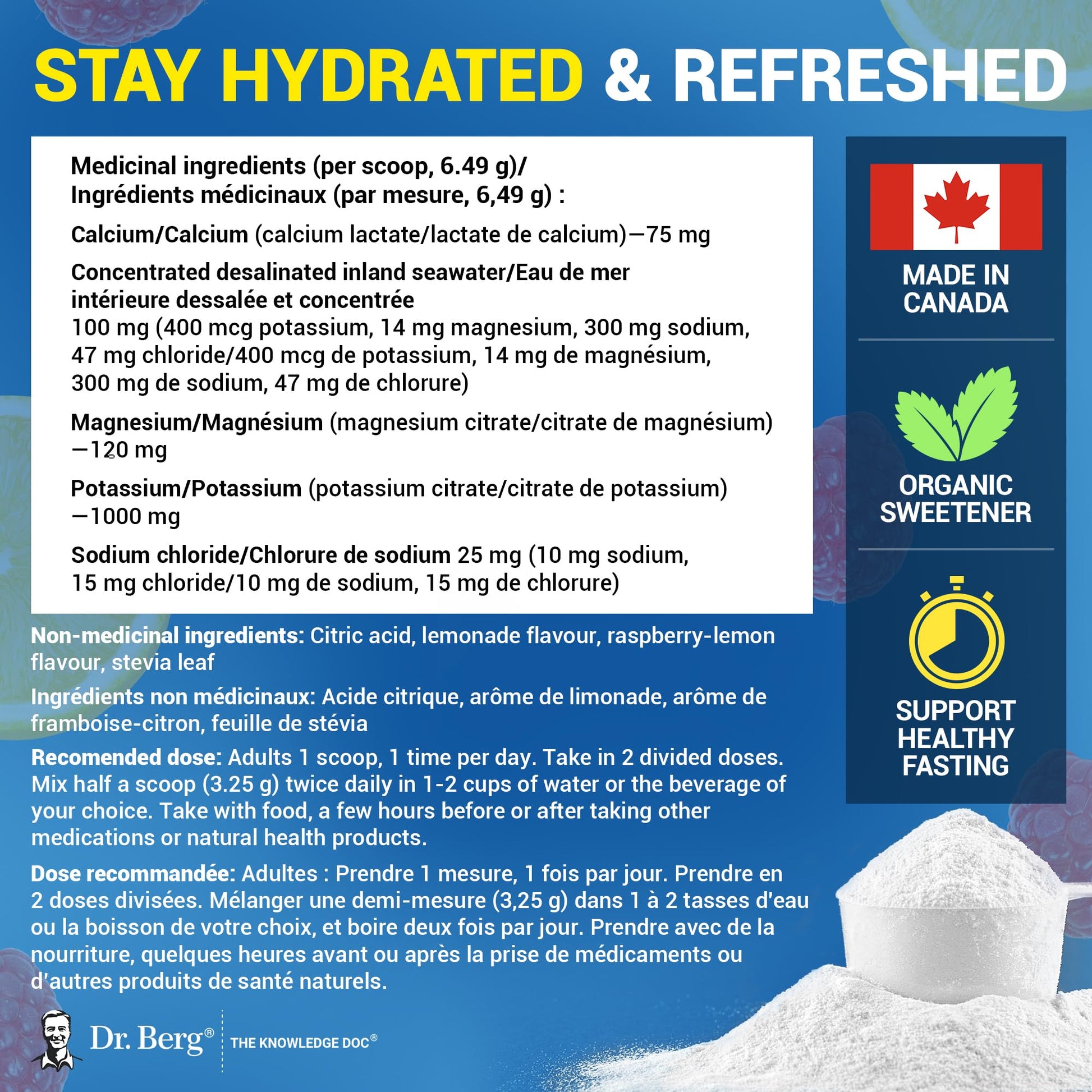 Dr. Berg Electrolytes Powder No Sugar - Enhanced w/ 1000 mg of Potassium & Real Sea Salt - Zero Sugar Electrolyte Powder - Raspberry & Lemon Flavor Hydration Powder Electrolytes - 50 Servings - Available at All In One Marketplace Canada