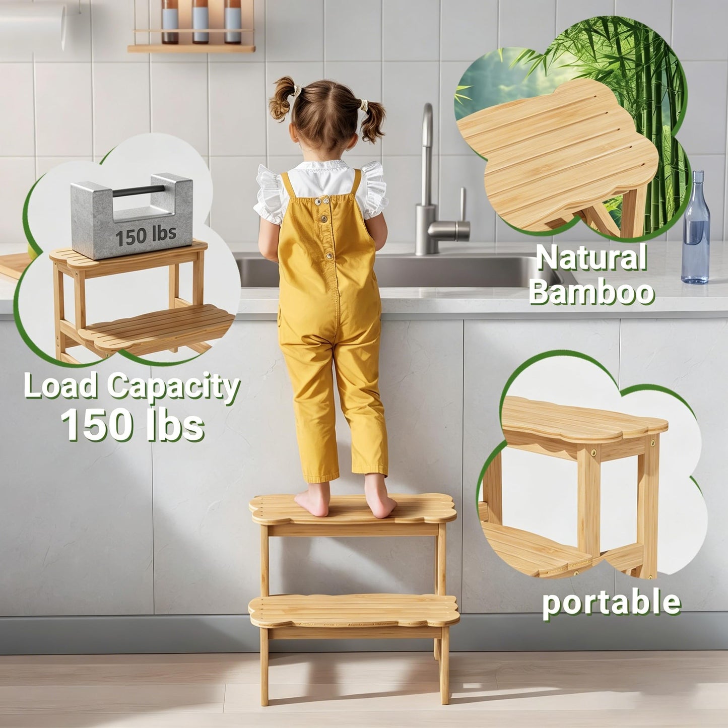 COSYLAND Bamboo Step Stool, Two Step Stools Toddler 300 lbs Capacity with Safety Non-Slip Pads, Bamboo Step Stool for Bathroom, Kitchen Dual Height Step Stools for Kids (Natural) 🍁 All In One Marketplace Canada