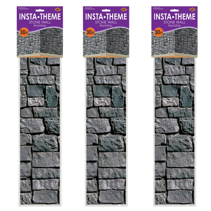 Beistle Stone Wall Backdrop 3-Count – Extra Large 4' x 30' Plastic Medieval Wall Decorations for Halloween Parties, Castle-Themed Events, Haunted Houses, Fantasy Photo Backgrounds